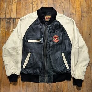 H. and H. Varsity Jacket Men's‎ Large Black White Leather Long Sleeve Full Zip